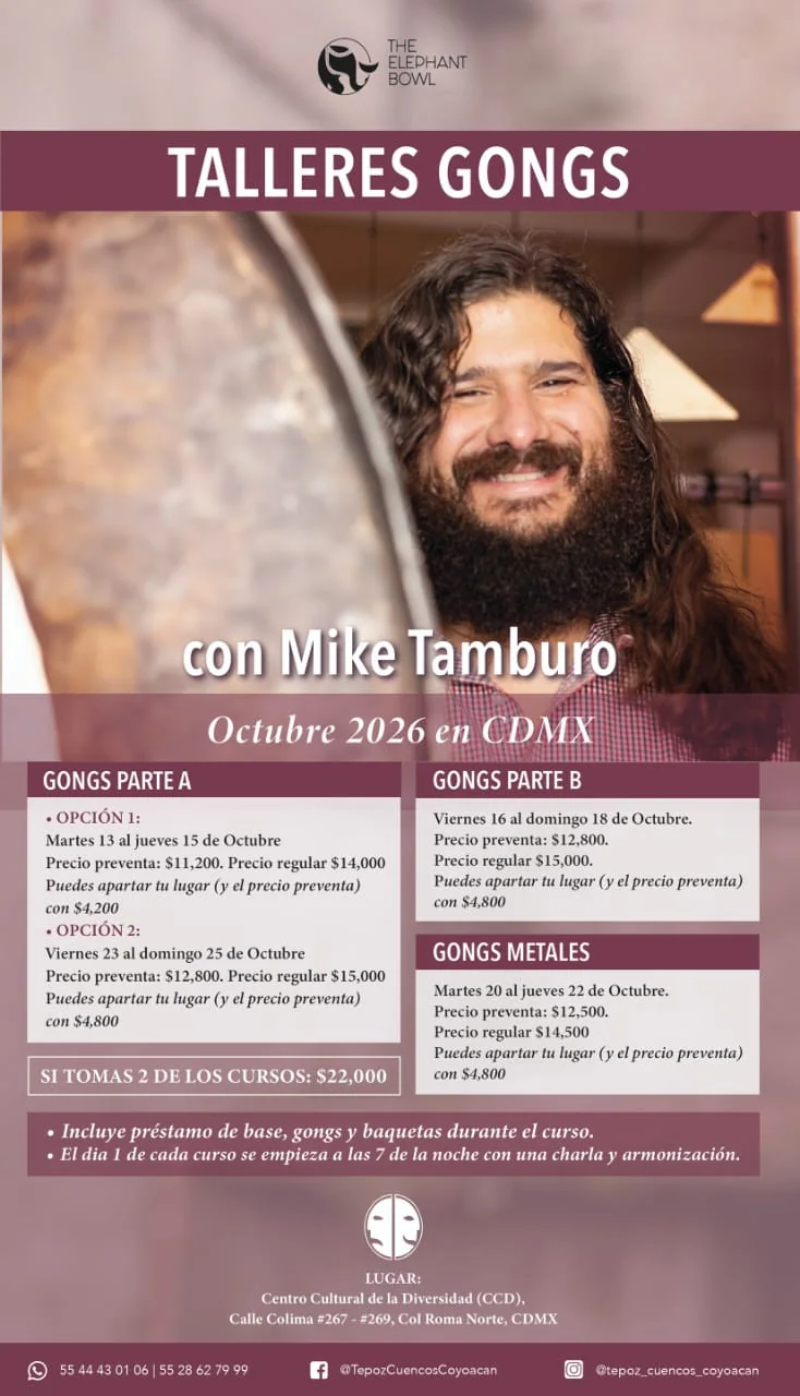 Cartel oficial de Taller de Gongs Parte A con Mike Tamburo (23 al 25 de octubre) en Coyoacán